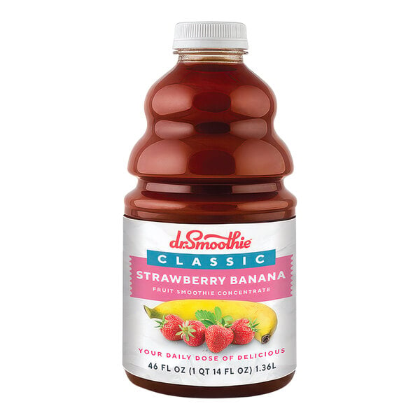 A close up of a bottle of Dr. Smoothie Classic Strawberry Banana Fruit Smoothie Mix with a white label.