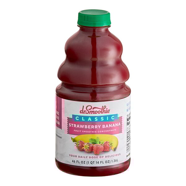 A close up of a bottle of Dr. Smoothie Classic Strawberry Banana fruit smoothie mix with a red cap.
