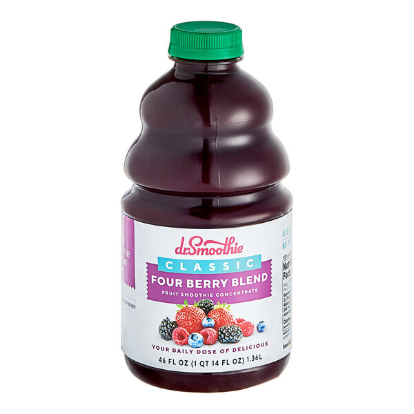 A bottle of Dr. Smoothie Classic Four Berry Blend fruit smoothie mix with a label.