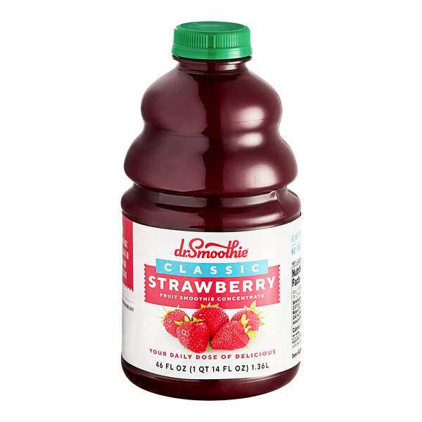 A bottle of Dr. Smoothie Classic Strawberry Fruit Smoothie Mix on a white background.