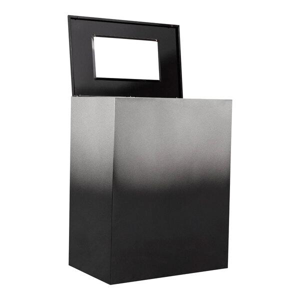A black rectangular Ex-Cell Kaiser steel trash receptacle with a white rectangular window.