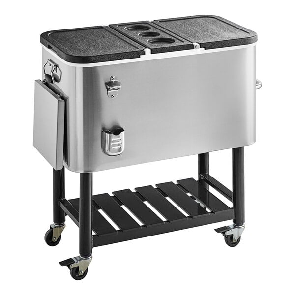 A stainless steel Choice beverage cooler cart with two trays on wheels.
