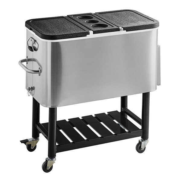 A stainless steel Choice beverage cooler on a cart with trays.