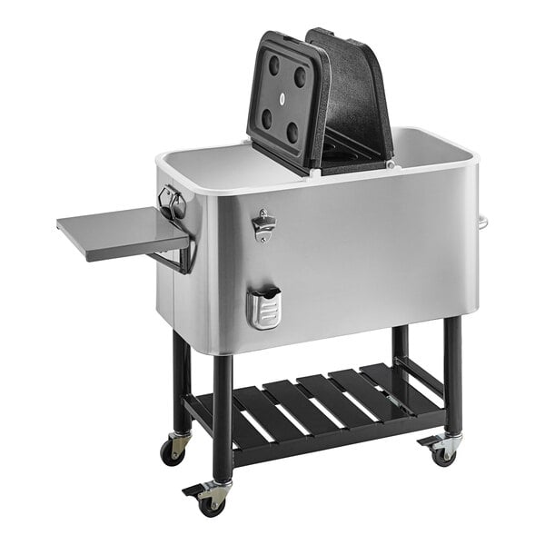 A stainless steel Choice beverage cooler cart on wheels.
