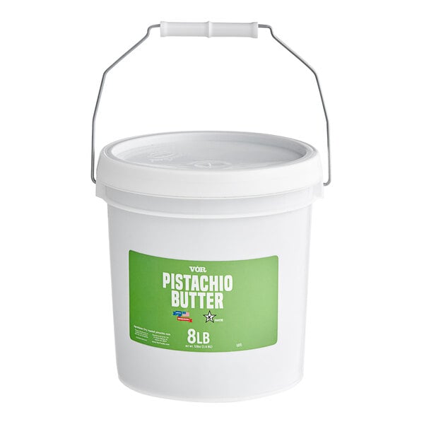 A white plastic pail with a green Vor label on it.