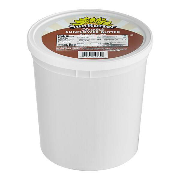 A white container of SunButter Chocolate Sunflower Butter Spread with a label.