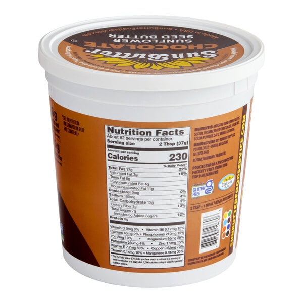 A 5 lb. container of SunButter Chocolate Sunflower Butter Spread.