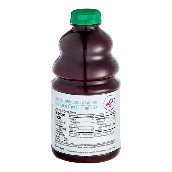 A bottle of Dr. Smoothie Classic Four Berry Blend fruit smoothie mix with a green cap.