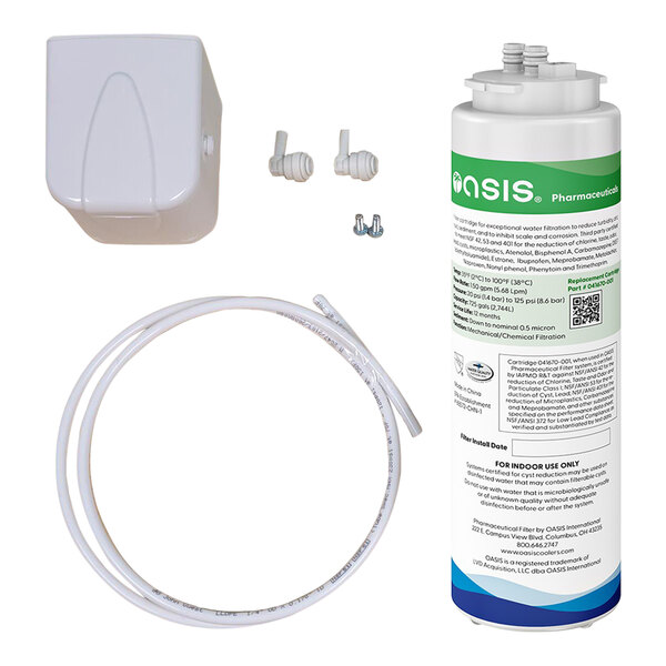 A white cylindrical water filter with hoses.