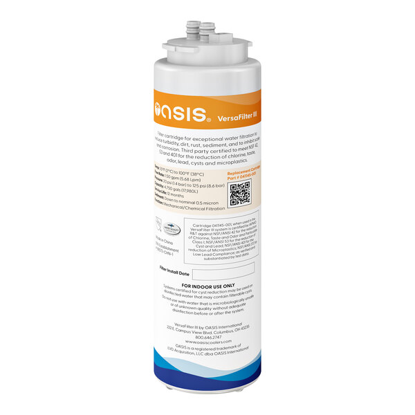 A white and blue Oasis VersaFilter III water filter cartridge with blue and orange text.