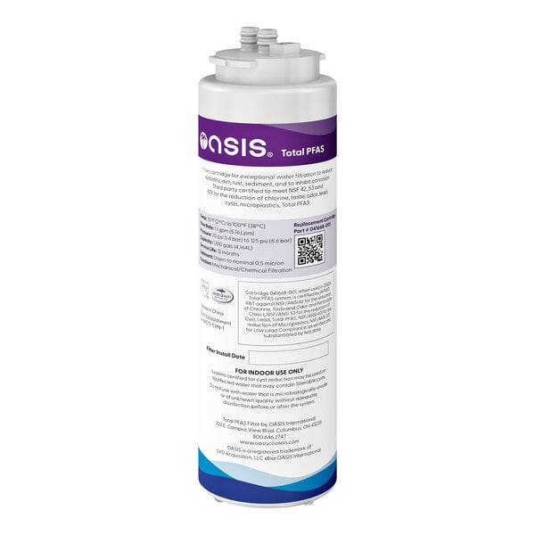 A white Oasis water filter cartridge with blue and white label.