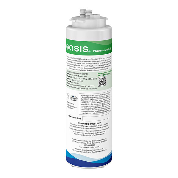 A white Oasis Pharmaceutical Water Filter Cartridge with blue and white label.