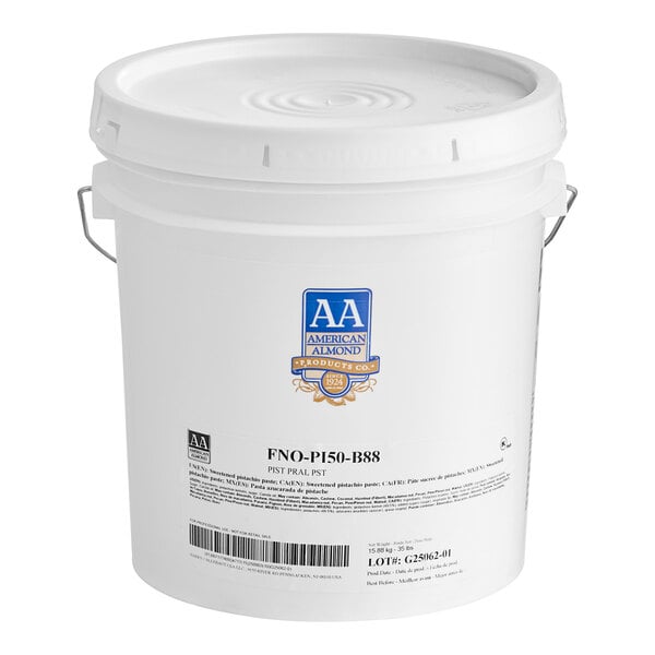 A white bucket of American Almond Pistachio Praline Paste with a white lid.