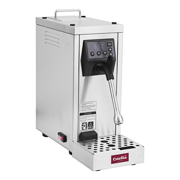 An automatic pourover milk steamer with a stainless steel body and digital controls.