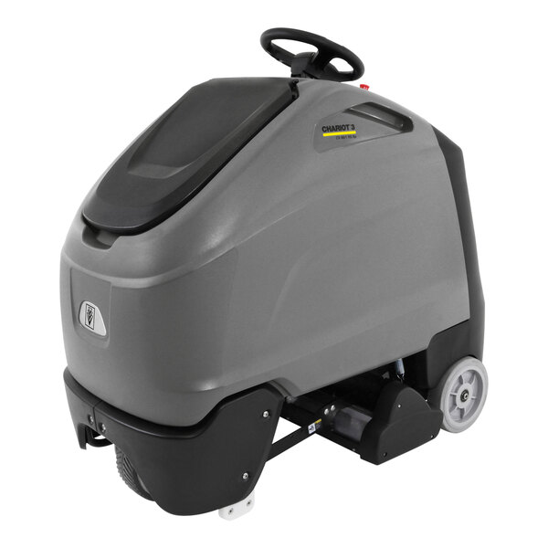 A grey and black Karcher stand-on vacuum cleaner with wheels and a handle.