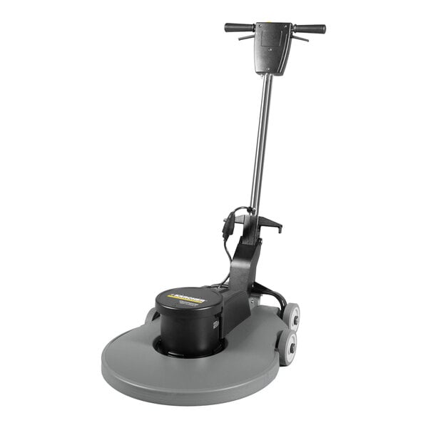 A Karcher floor burnishing machine with wheels and a black handle.