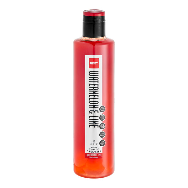 A bottle of SHOTT Watermelon and Lime flavoring syrup with a black cap and red label.