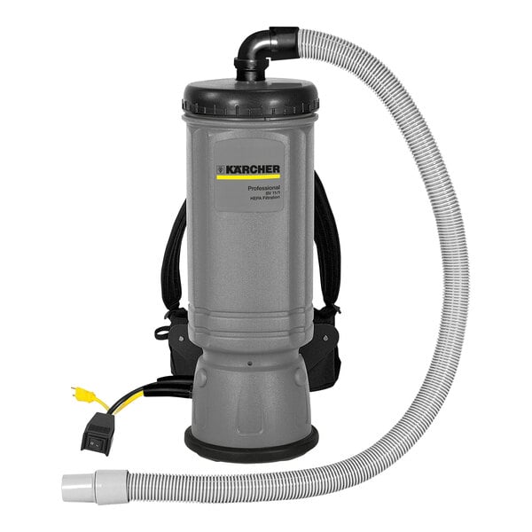 A grey Karcher backpack vacuum with a hose attached.