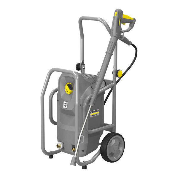 A close-up of a grey Karcher electric cold water pressure washer with yellow handles.