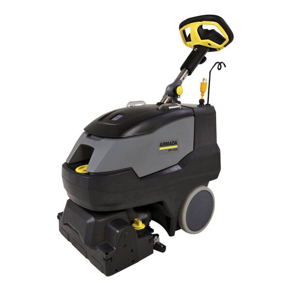 A Karcher walk behind carpet extractor with wheels, a handle, and a black and grey surface.