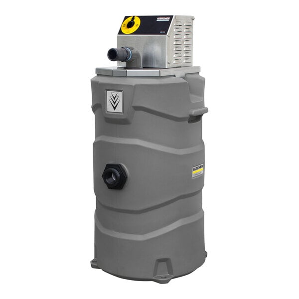 A grey plastic cylinder with a black cap and a yellow and black pump on top.