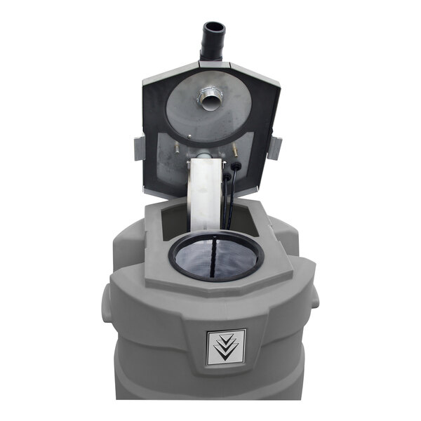 A grey plastic container with a round window and a lid.