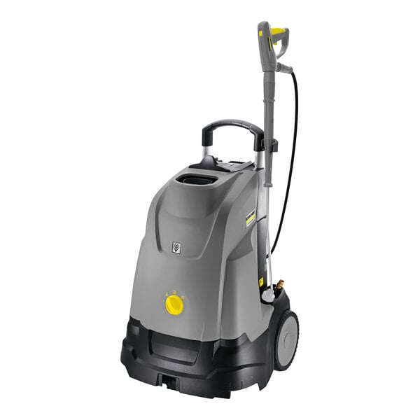 A grey and black Karcher upright hot water pressure washer with a handle.