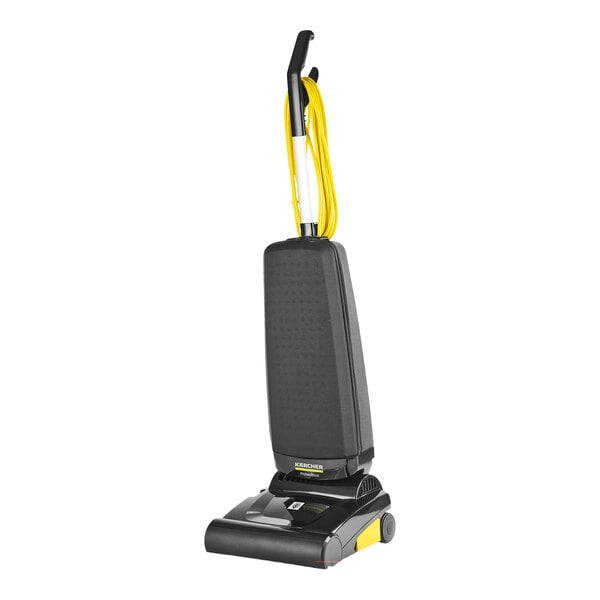 A black and yellow Karcher upright bagged vacuum cleaner with a yellow handle.