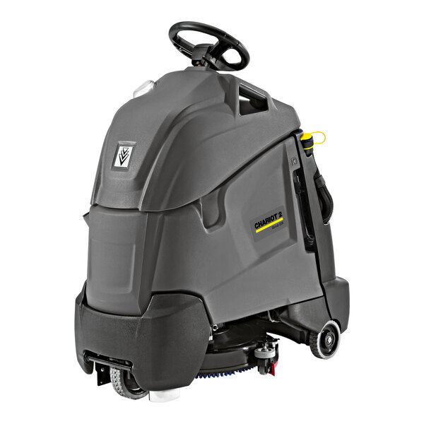 A Karcher Chariot 2 iScrub floor scrubber machine with wheels and a handle.