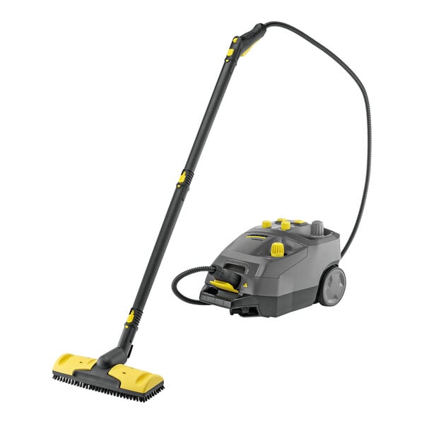 A grey and yellow Karcher SG 4/4 steam cleaner with a handle.