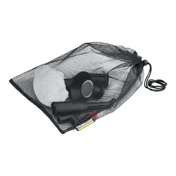 A black mesh bag with a white and black Karcher steam cleaner inside.