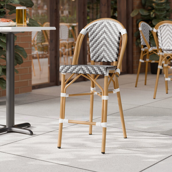 Lancaster Table & Seating Bistro Gray and White Chevron Weave Rattan Counter Height Outdoor Side Stool