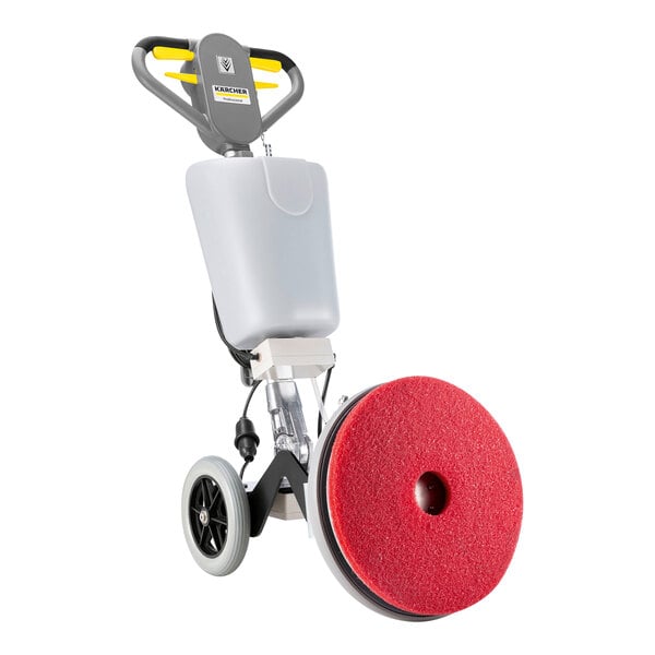 A red and white Karcher orbital floor machine with wheels and a red disc.