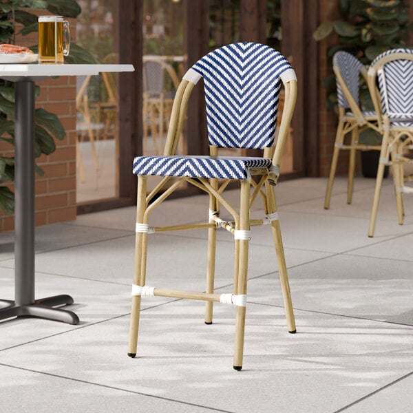Lancaster Table & Seating Bistro Blue and White Teslin Counter Height Outdoor Side Stool