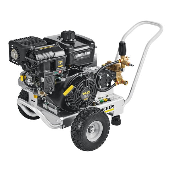 A black and silver Karcher pressure washer with a black engine.