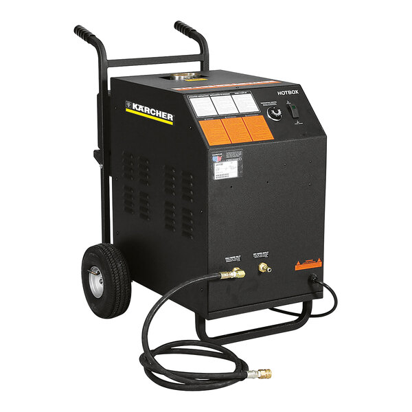 A black Karcher mobile hot water generator with wheels.