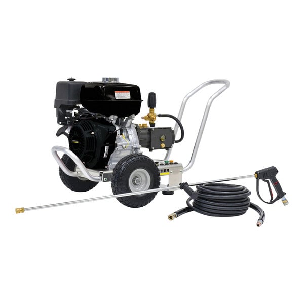 A Karcher gas powered pressure washer with a hose.