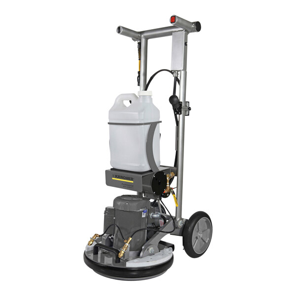 A white and silver Karcher commercial floor machine with wheels and a white solution tank.