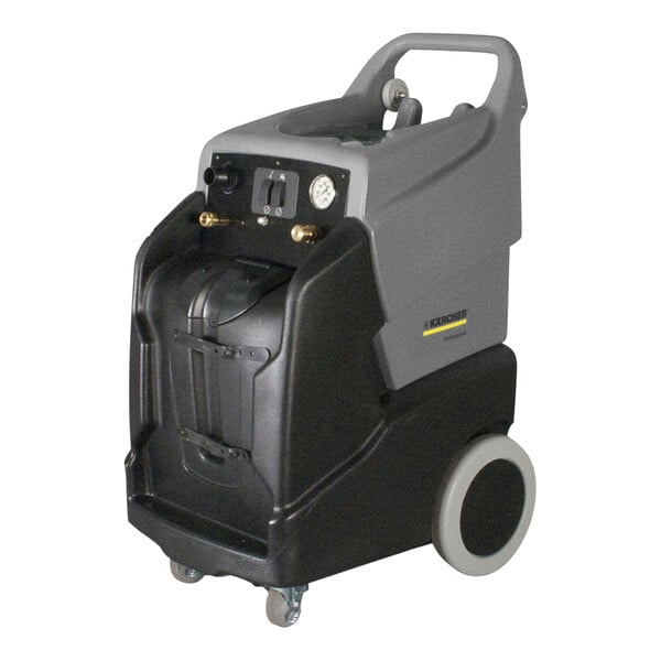 A black and grey Karcher Puzzi 64/35 carpet extractor machine with wheels and a handle.