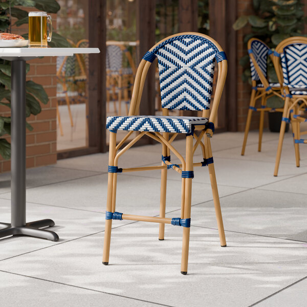 Lancaster Table & Seating Bistro Navy and White Chevron Weave Rattan Counter Height Outdoor Side Stool