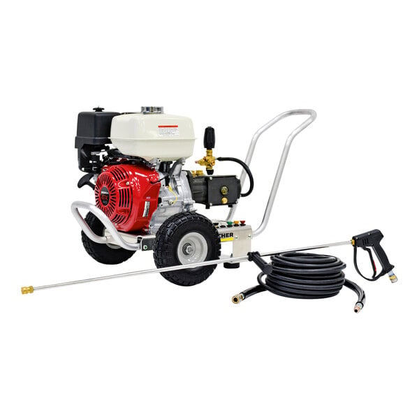 A Karcher gas powered pressure washer with hose and nozzle.