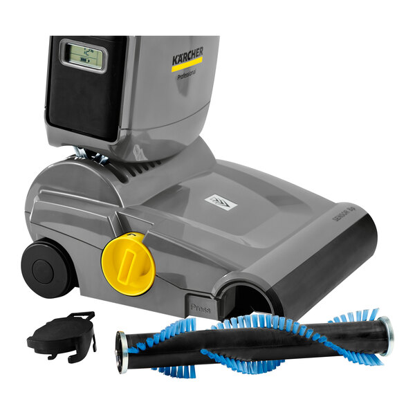 A grey Karcher Sensor BP 9.877-937.0 cordless upright vacuum with a yellow handle and brush.