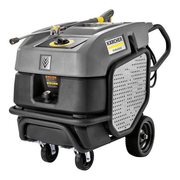 A black and grey Karcher electric pressure washer with wheels and a handle.