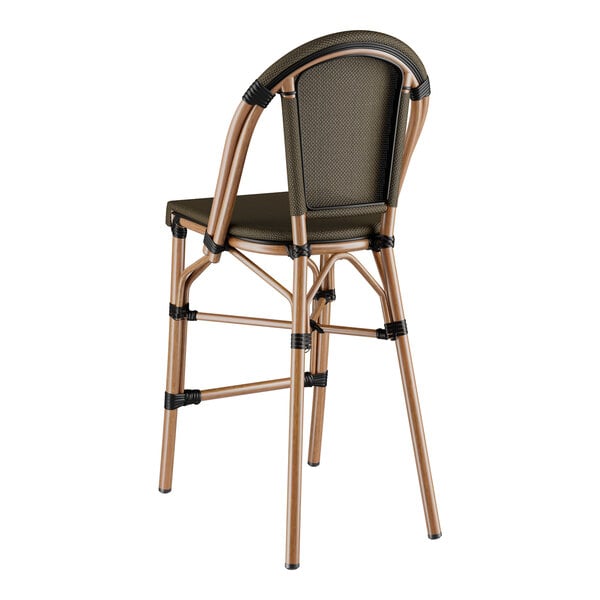 A brown Lancaster Table & Seating outdoor restaurant barstool with a metal frame and a backrest.