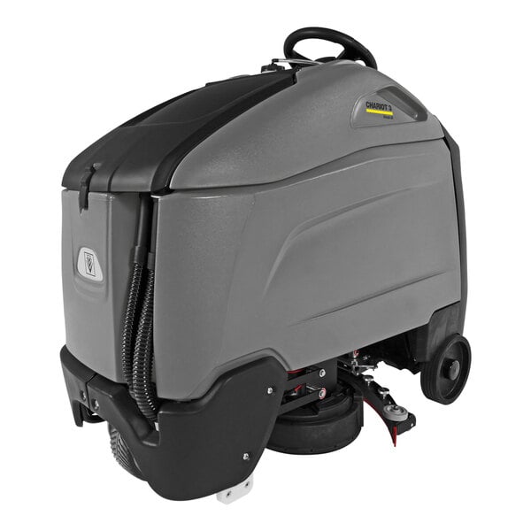 A Karcher Chariot 3 iScrub 26 cordless stand-on floor scrubber with wheels and a handle.