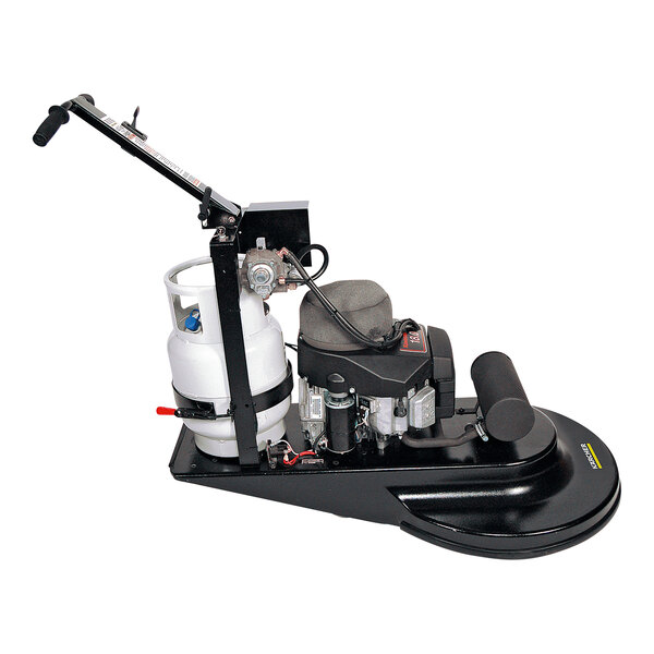 A black and white Karcher commercial floor burnisher with a gas tank and hose.