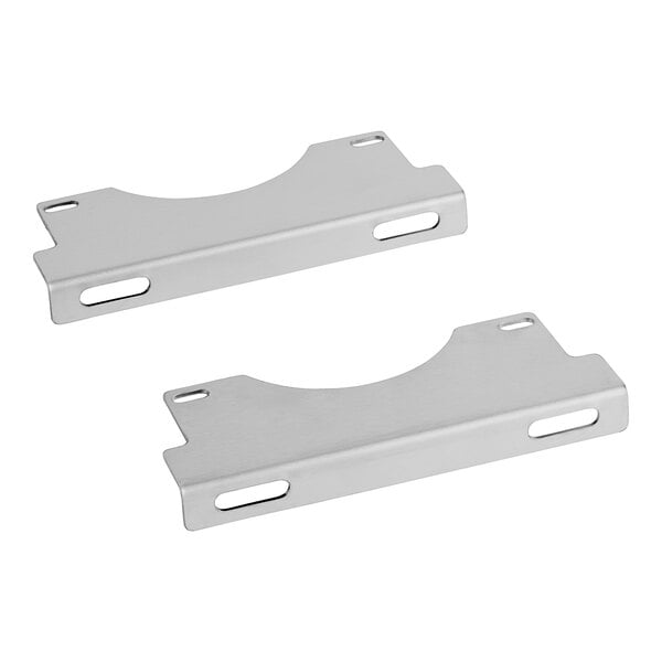 A pair of silver metal mounting brackets with holes on a white background.