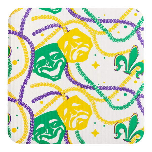 A Southern Champion square cake pad with a Mardi Gras design including a yellow and green mask and a fleur-de-lis.