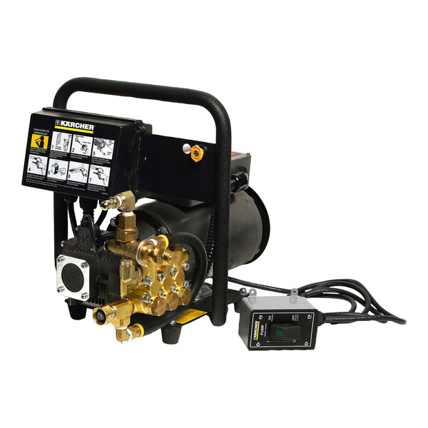 A black and gold Karcher electric wall-mount pressure washer with a digital display.