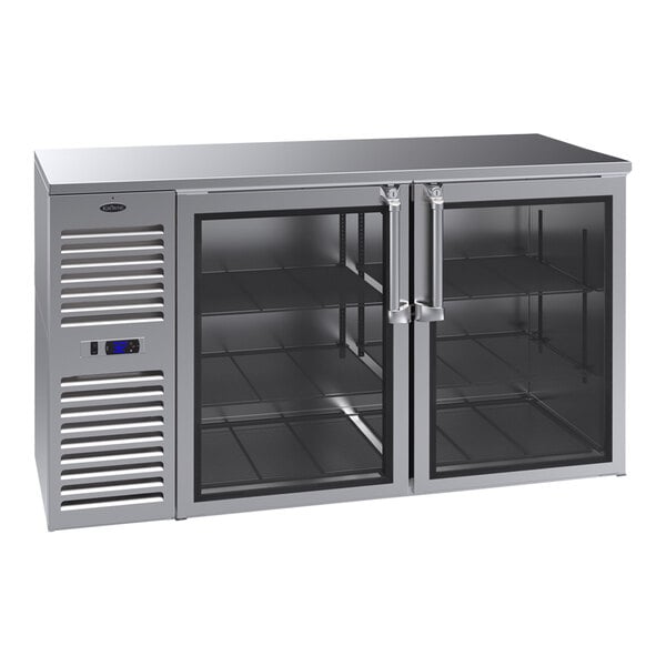 A Krowne stainless steel back bar refrigerator with glass doors.